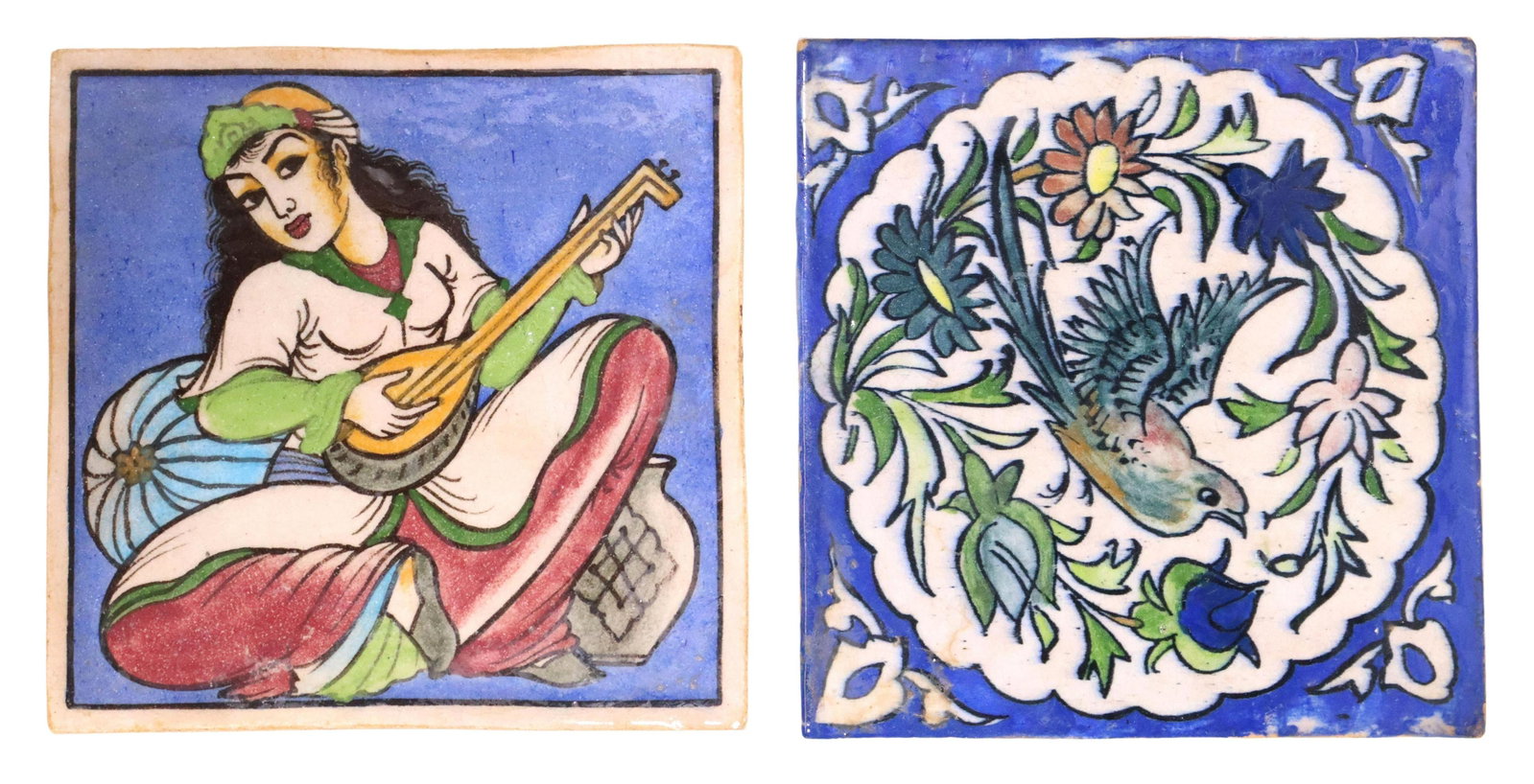 (2) PERSIAN HAND-PAINTED CERAMIC WALL TILES: (lot of 2) Persian hand painted ceramic wall tiles, including: (one) depicting bird with flowers, (one) depicting woman playing the oud, approx 8"h, 8"w; 5lbs total **Provenance: From the estate of Ma