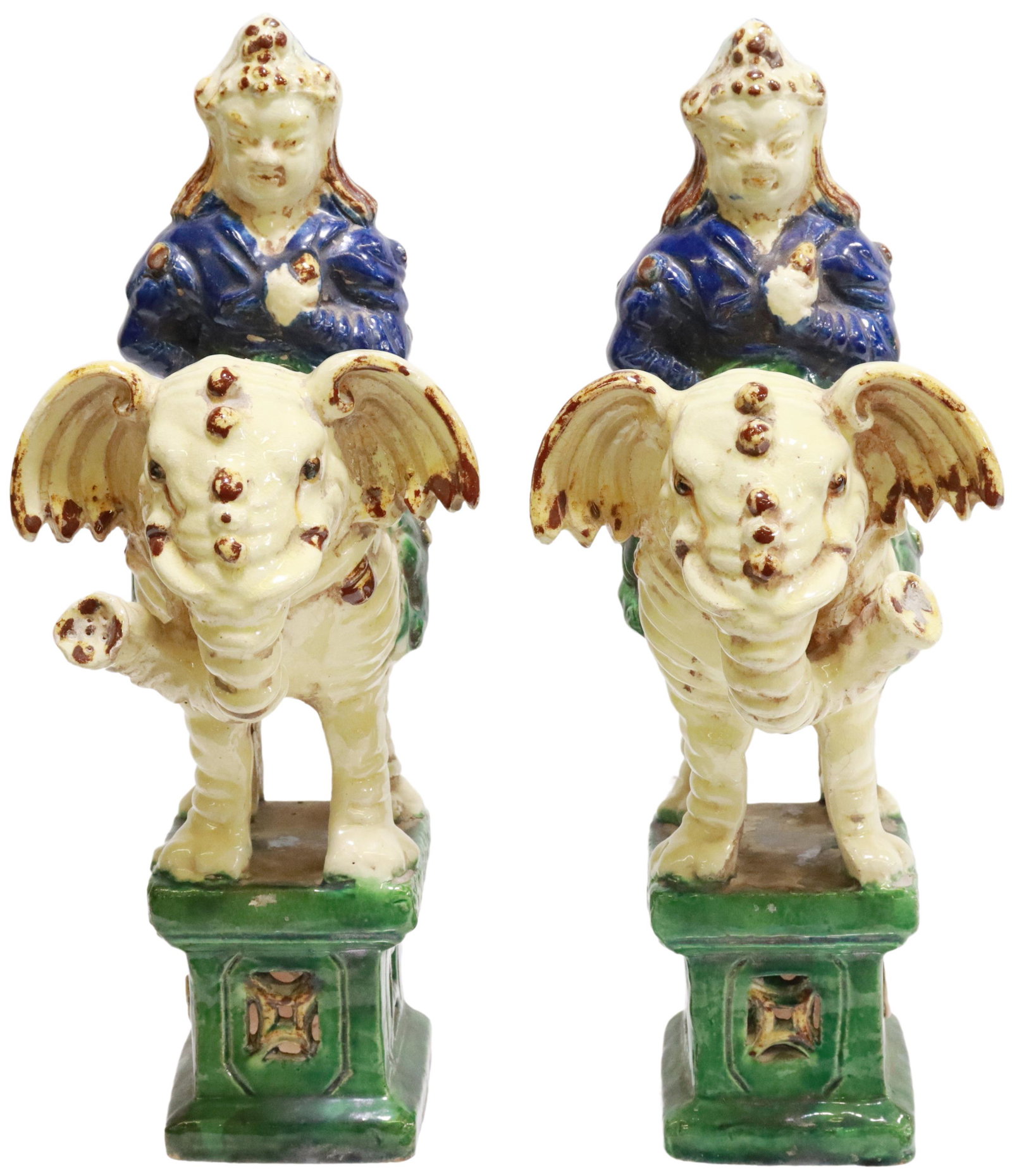 (2) CHINESE CERAMIC ELEPHANT RIDER INCENSE BURNERS: (lot of 2) Chinese glazed ceramic figural incense burners, each in the form of a seated figure riding an elephant, rising on integral plinth, each with partial remnants of a wax seal, approx 14.5"h, 6