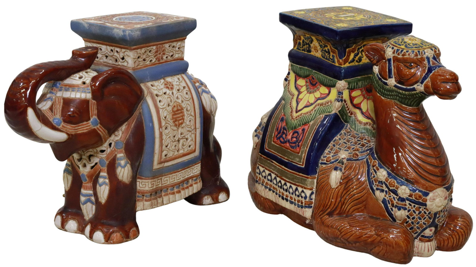 (2) ASIAN GLAZED CERAMIC FIGURAL GARDEN SEATS: (lot of 2) Asian glazed ceramic figural garden seats, including: (1) Chinese elephant, pierced scroll design, in blue, brown, and white glaze, approx 16.25"h, 20.5"w, 9"d; (1) Vietnamese camel, in pol