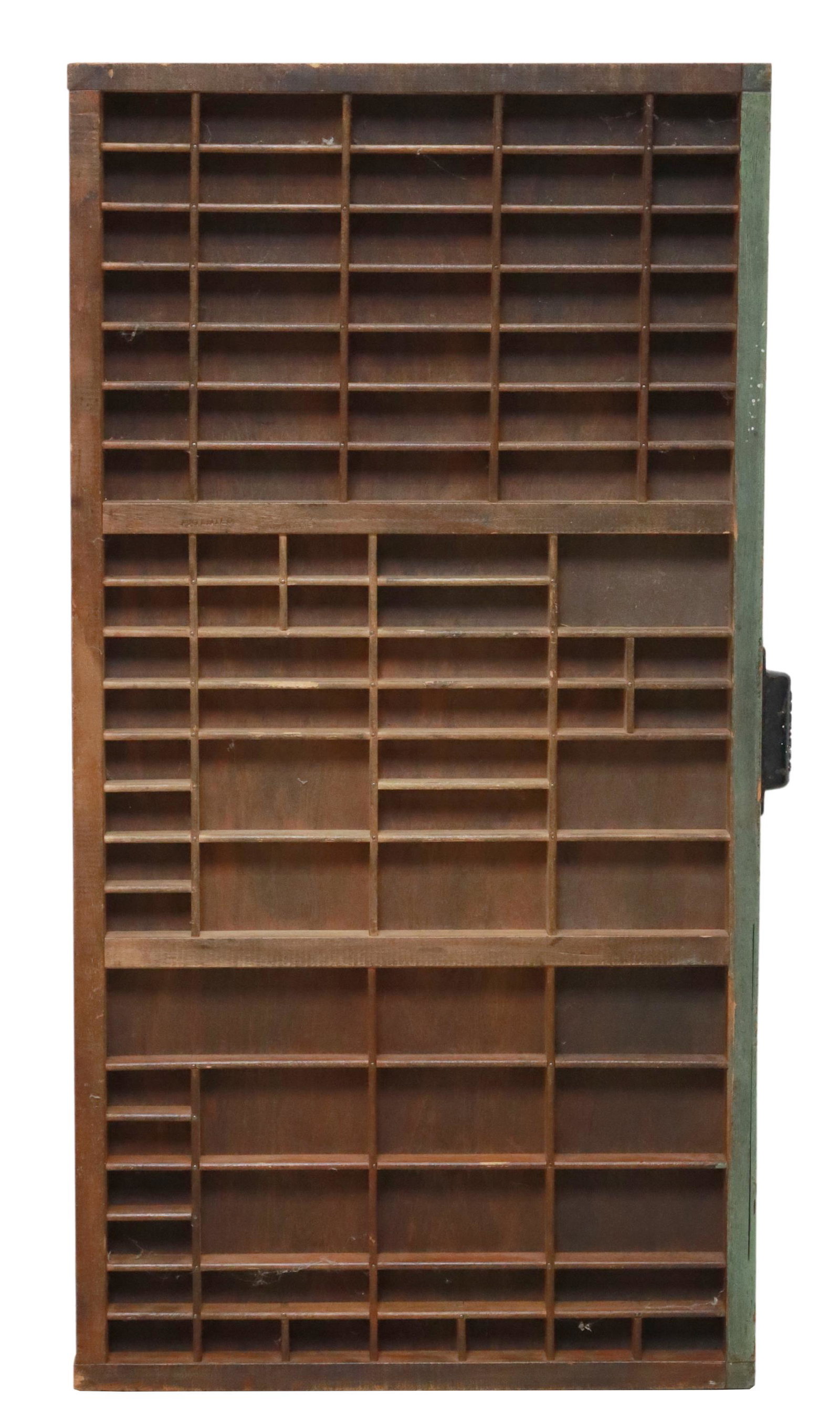 PAINTED WOOD PRINTERS LETTERPRESS TRAY/ DRAWER: Painted wood letterpress tray/printers drawer, early 20th c., in a worn green finish, with curved handle marked "Hamilton," approx 1.5"h, 32"w, 16.5"d, 6.3lbs Start Price: $30.00