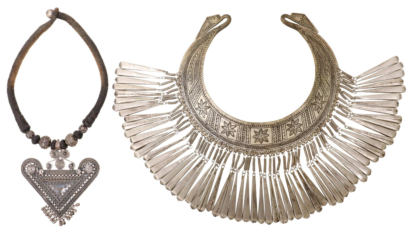 2) SOUTHEAST ASIAN METAL & 925 STERLING NECKLACES: (lot of 2) Estate sterling and metal necklaces: (1) metal bib necklace, possibly Hmong people, Southeast Asia, bird form terminals, engraved floral design, hung with dangles, interior: approx 13.5"l (