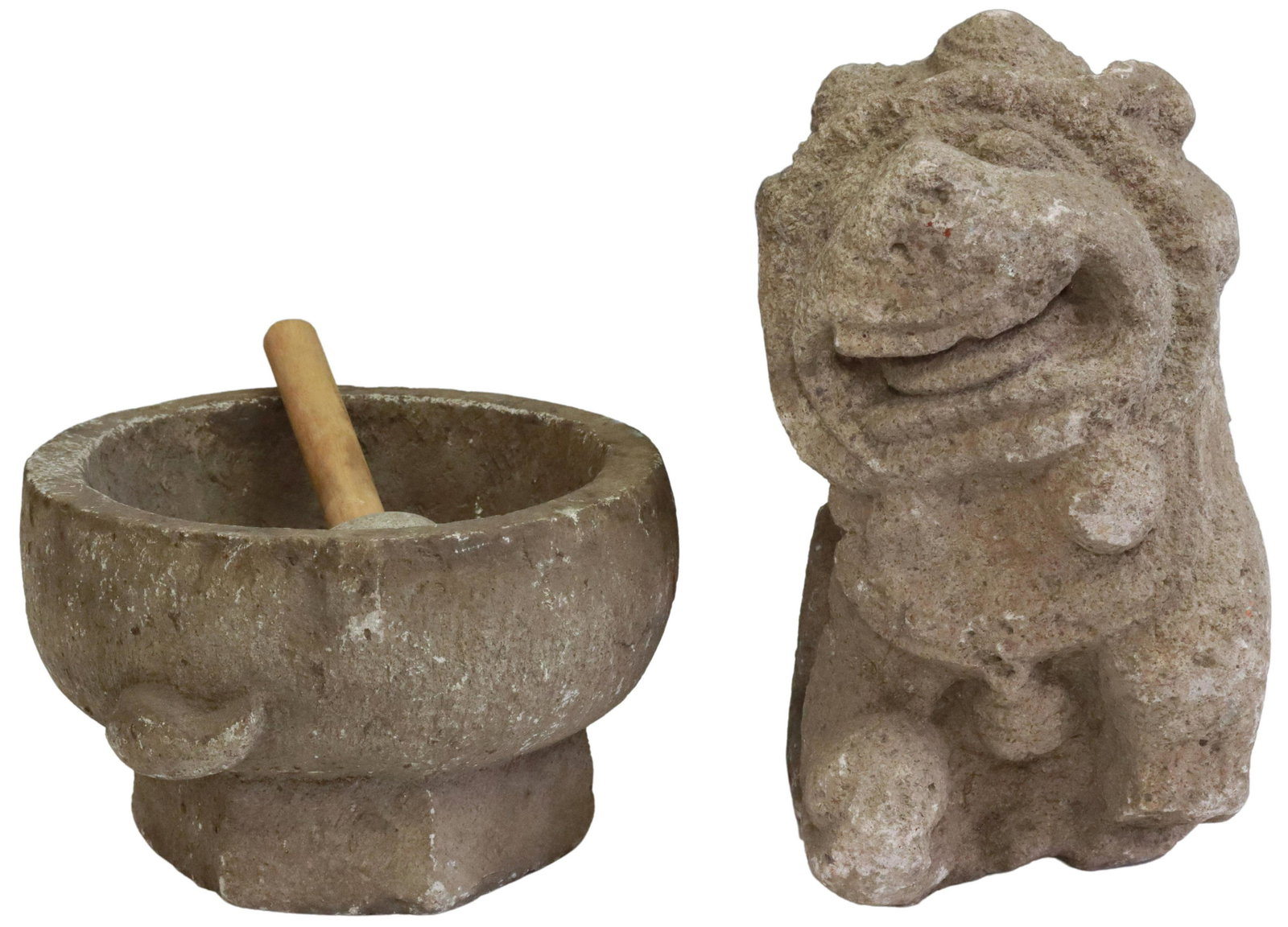 (2) CHINESE CARVED STONE FOO LION & MORTAR: (lot of 2) Chinese carved stone objects, including: (1) mortar and pestle, having shallow circular bowl, on hexagonal base, rounded pestle with worn wood handle, approx 6"h, 9.25"diam; (1) guardian fo