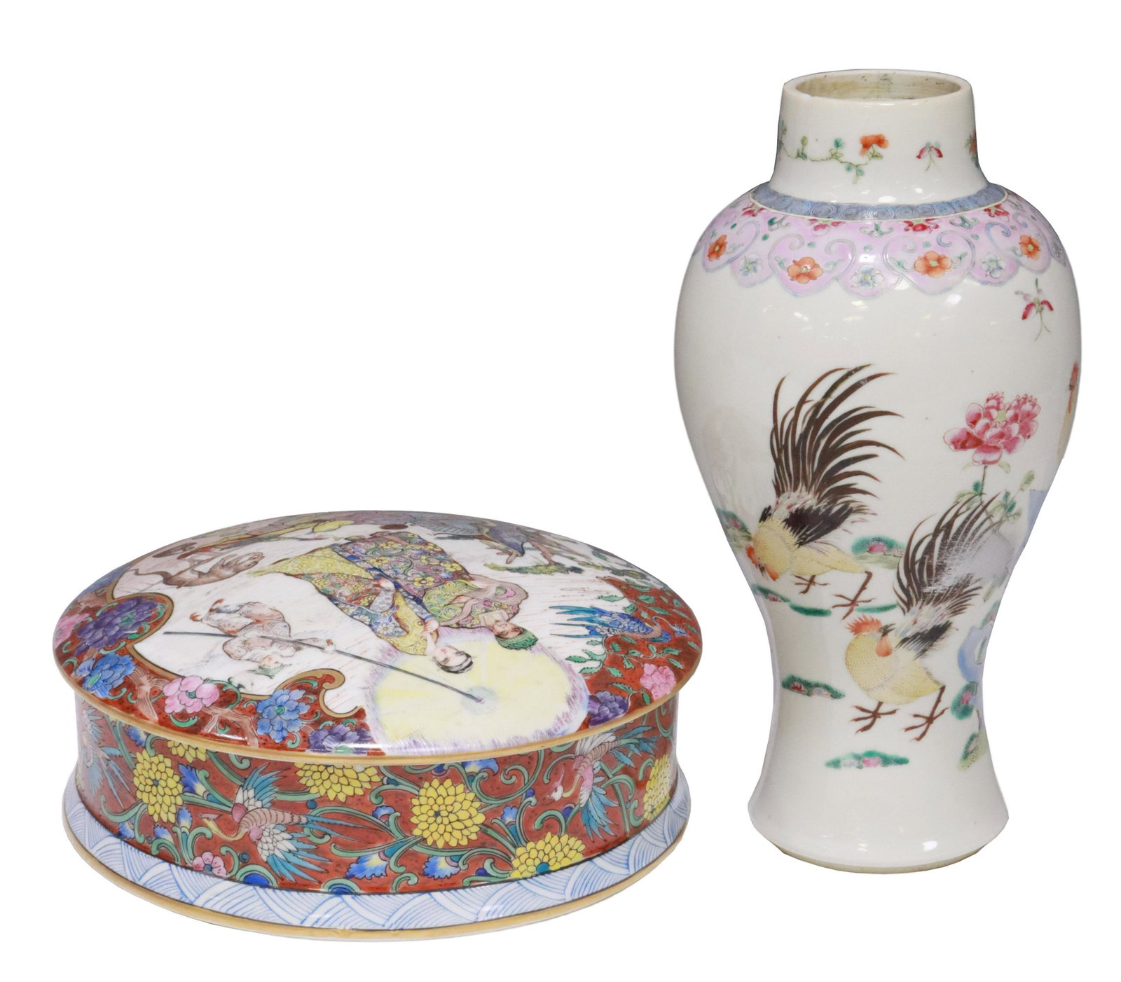 (2) CHINESE ENAMELED PORCELAIN LIDDED BOX & VASE: (lot of 2) Chinese enameled porcelain tableware, including: (1) circular lidded box, lid with figural scene depicting couple at bird vendor stand, above inscription "L'Oiseleur," approx 3"h, 9"diam; (