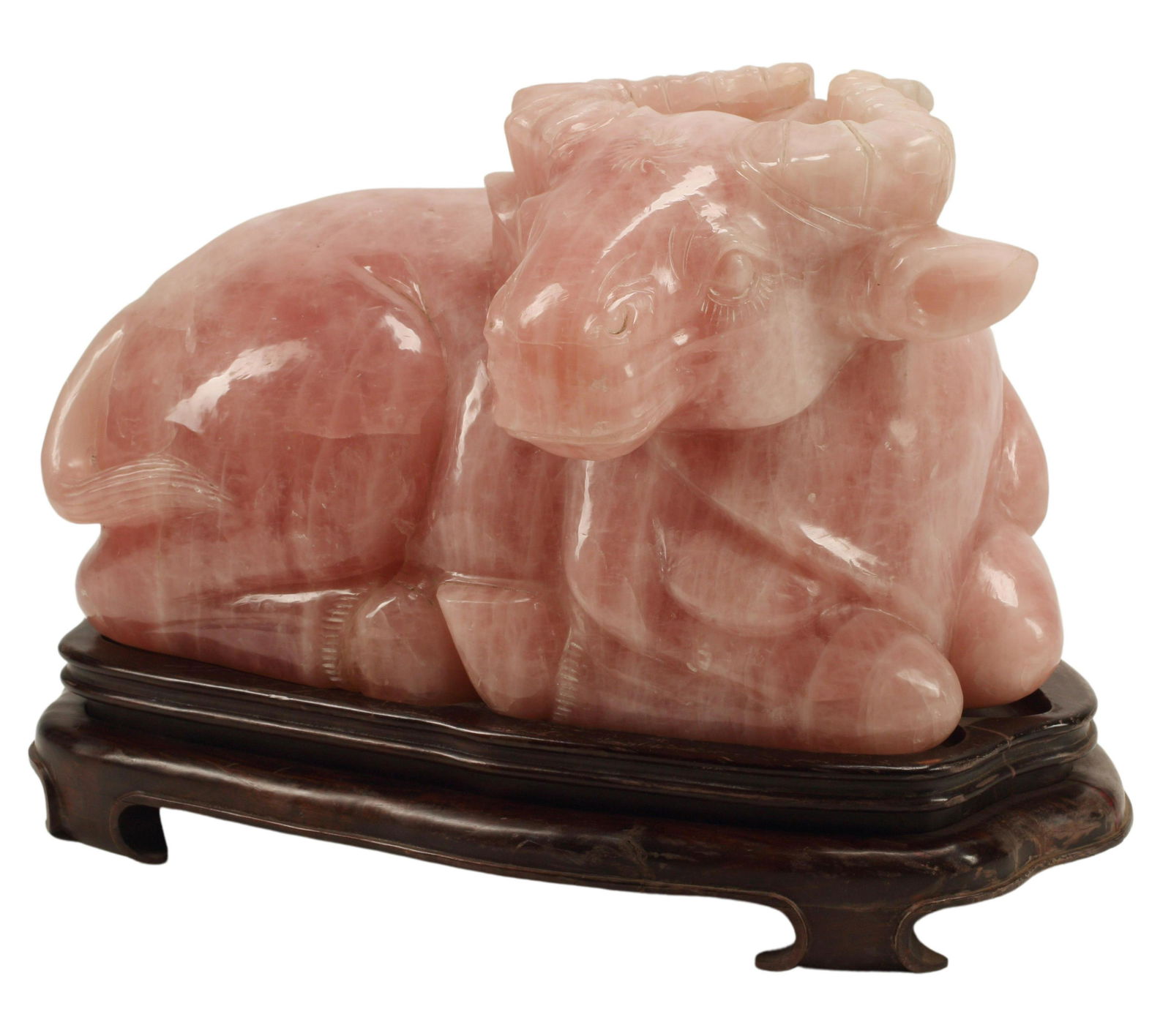 LARGE CARVED ROSE QUARTZ BUFFALO ON WOOD STAND (1 of 3)