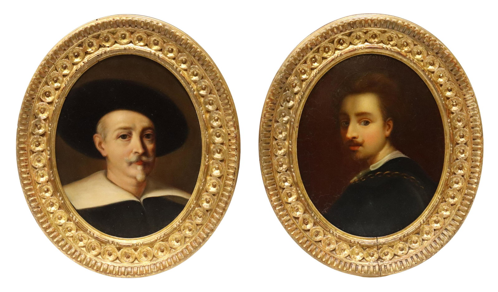 (2) FRAMED BAROQUE STYLE PAINTINGS PORTRAITS: (lot of 2) Framed oil on board paintings, Portraits, including: (1) self portrait after Guido Reni (Italian, 1575-1642), (1) possibly a portrait of Anthony van Dyck (Flemish, 1599-1641), sight: approx