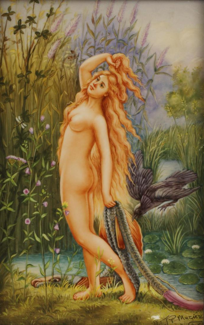 FRAMED KPM STYLE PORCELAIN PLAQUE OF A NUDE: Framed KPM style porcelain plaque of a nude, artist signed lower right, approx 14.5"h, 10.5"w, 3lbs Start Price: $200.00