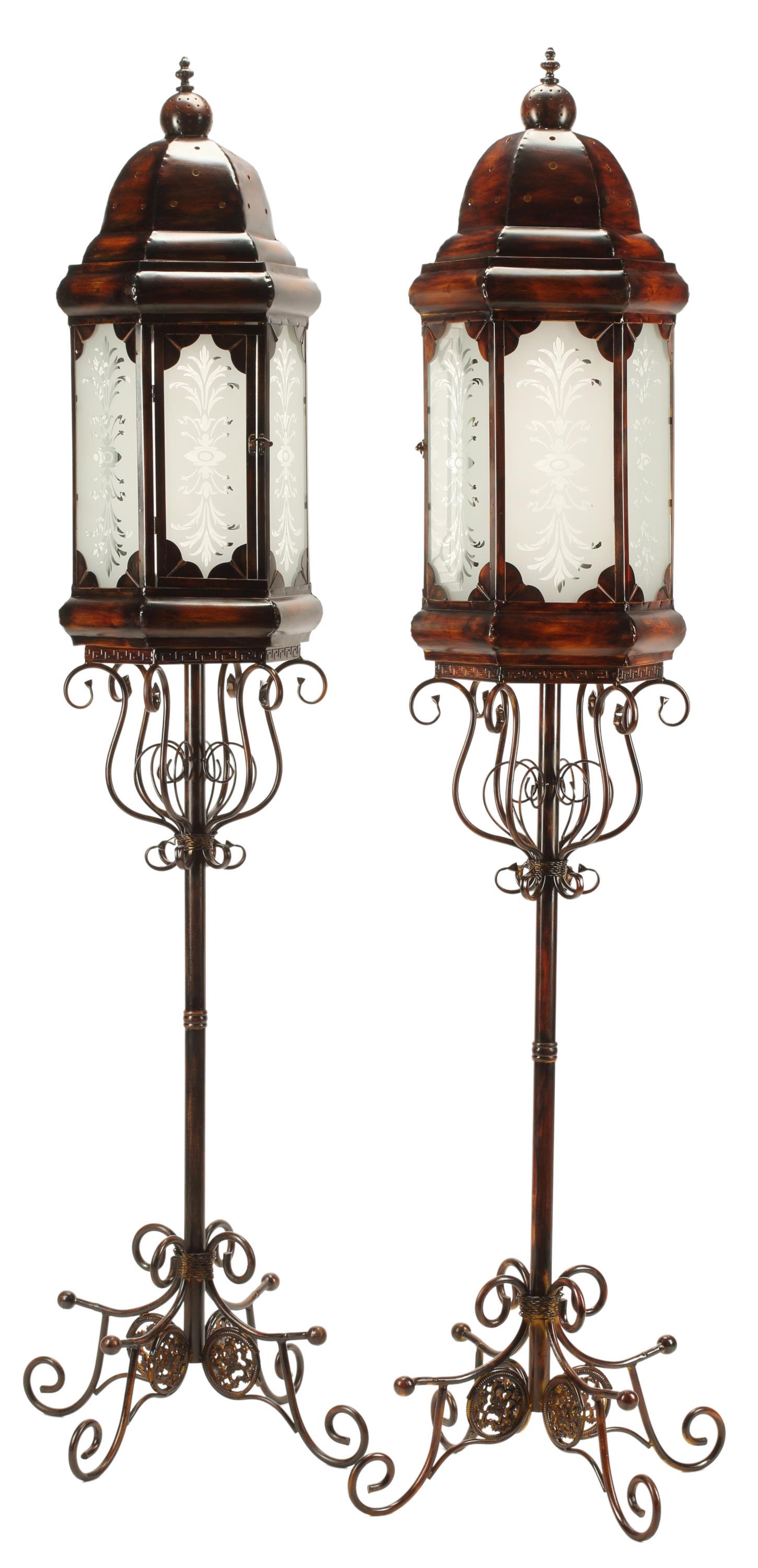 (2) WROUGHT IRON & TOLE FLOOR CANDLE LANTERNS (1 of 5)