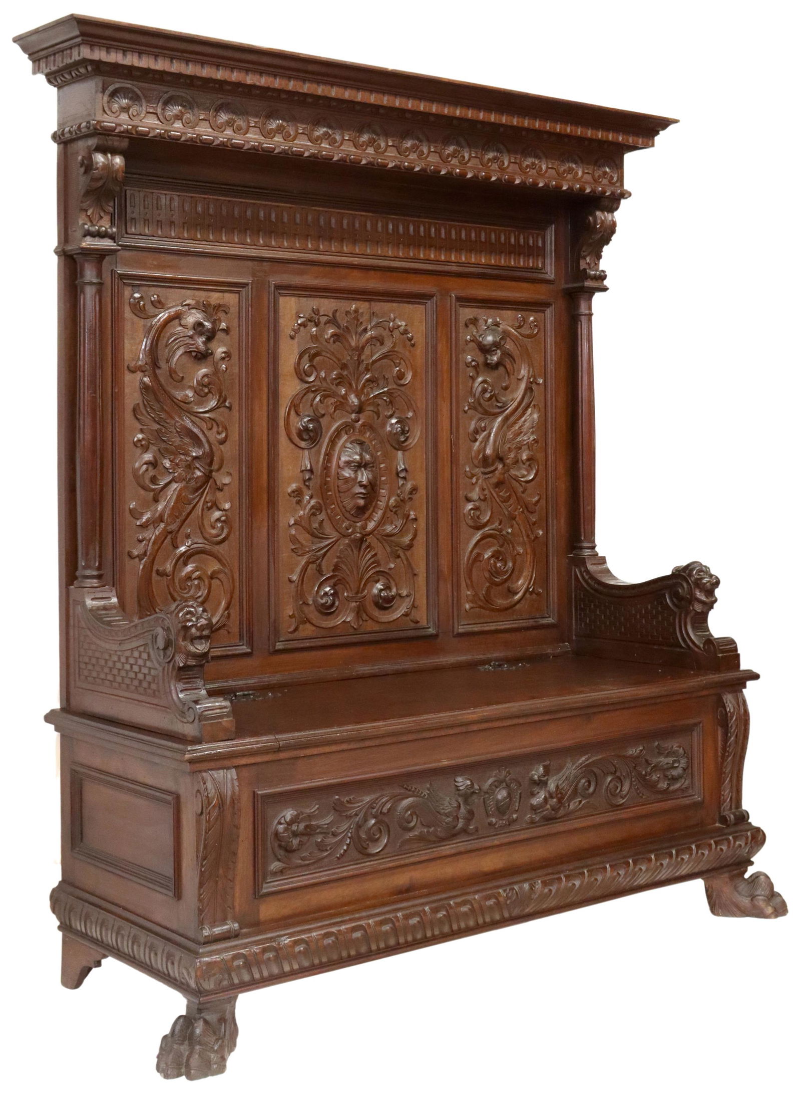 ITALIAN RENAISSANCE REVIVAL CARVED HALL BENCH (1 of 5)