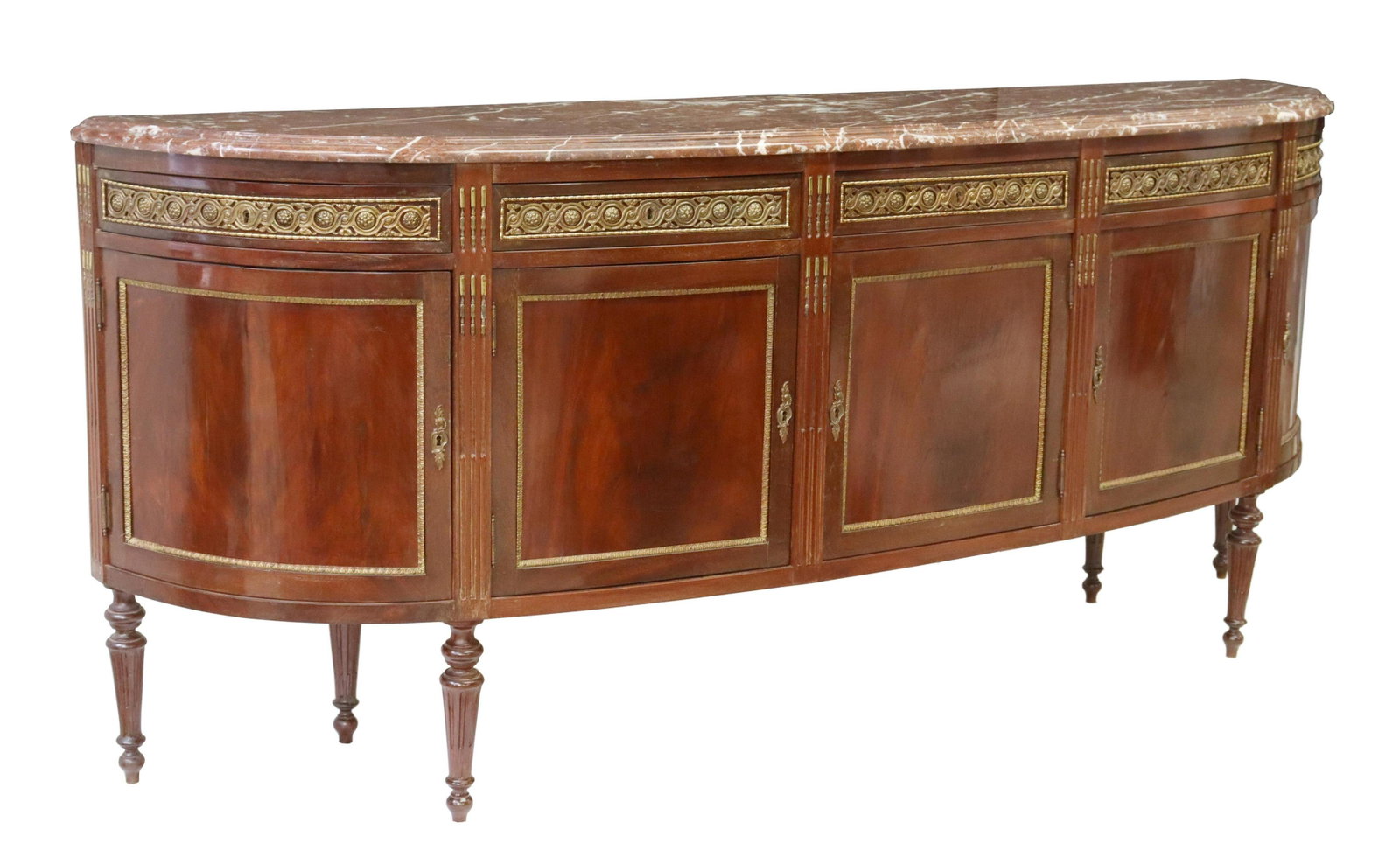 LOUIS XVI STYLE MARBLE-TOP MAHOGANY SIDEBOARD: Louis XVI style marble-top sideboard, 20th c., mahogany case with curved ends, fitted with five drawers, over five cabinet doors, rising on tapering fluted legs, restoration to marble top, approx 38"h