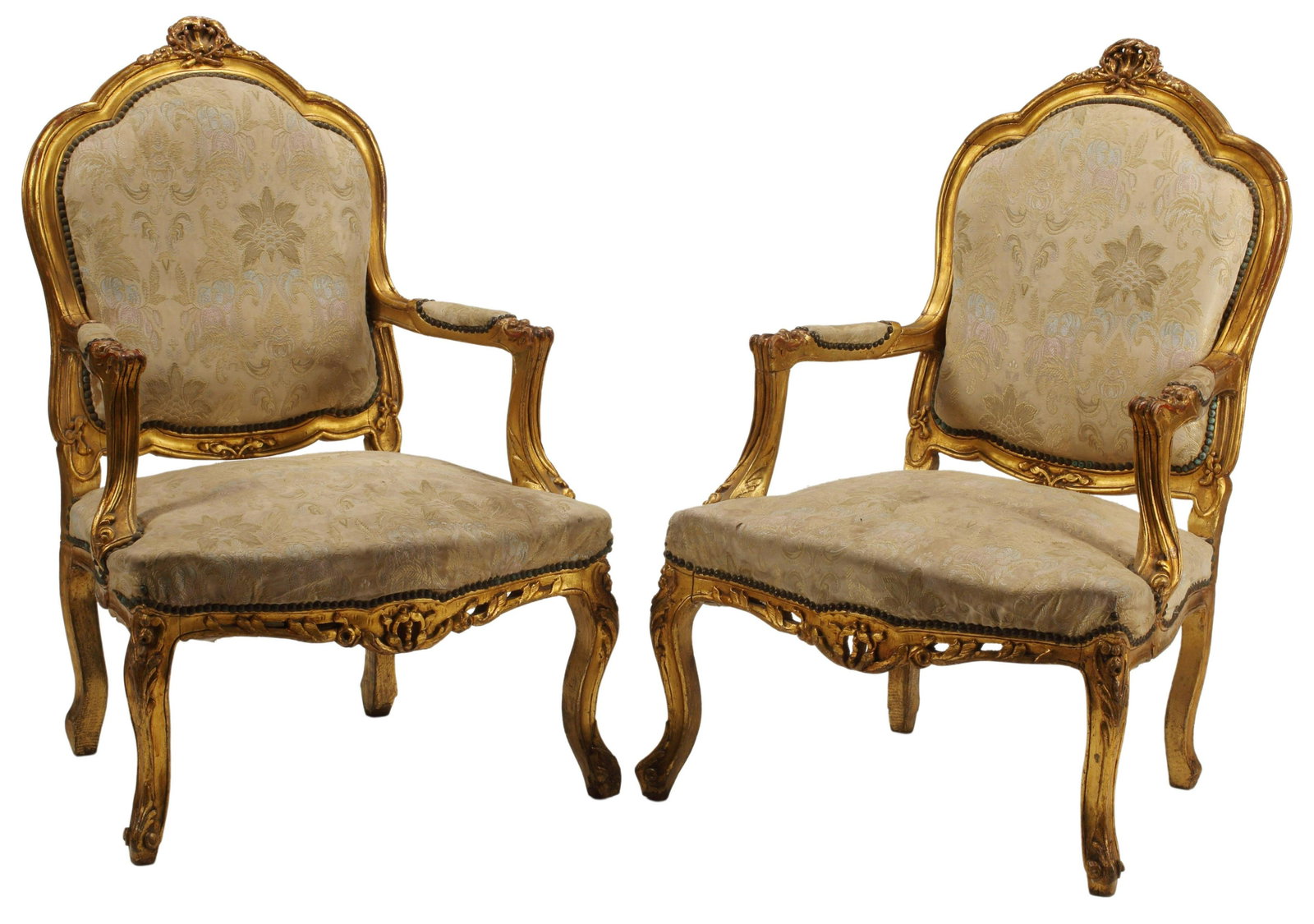 (2) LOUIS XV STYLE GILTWOOD FAUTEUILS: (pair) Louis XV style giltwood armchairs, approx 43"h, 28"w, 23"d Start Price: $250.00