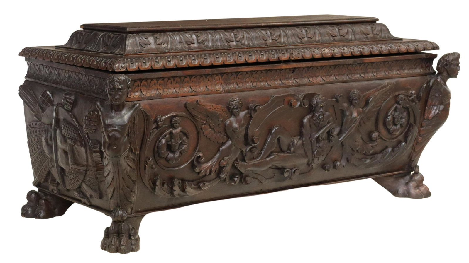ITALIAN RENAISSANCE REVIVAL FIGURAL CARVED CASSONE: Italian Renaissance Revival carved cassone, 19th c., hinged coffered top, above a paneled front carved in relief with mythological figures, front corners with projecting winged caryatids, side panels 