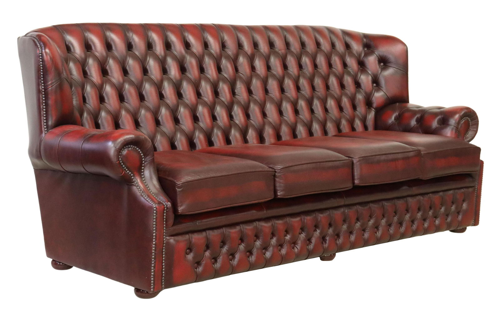 ENGLISH BUTTONED OXBLOOD LEATHER FOUR-SEAT SOFA (1 of 3)