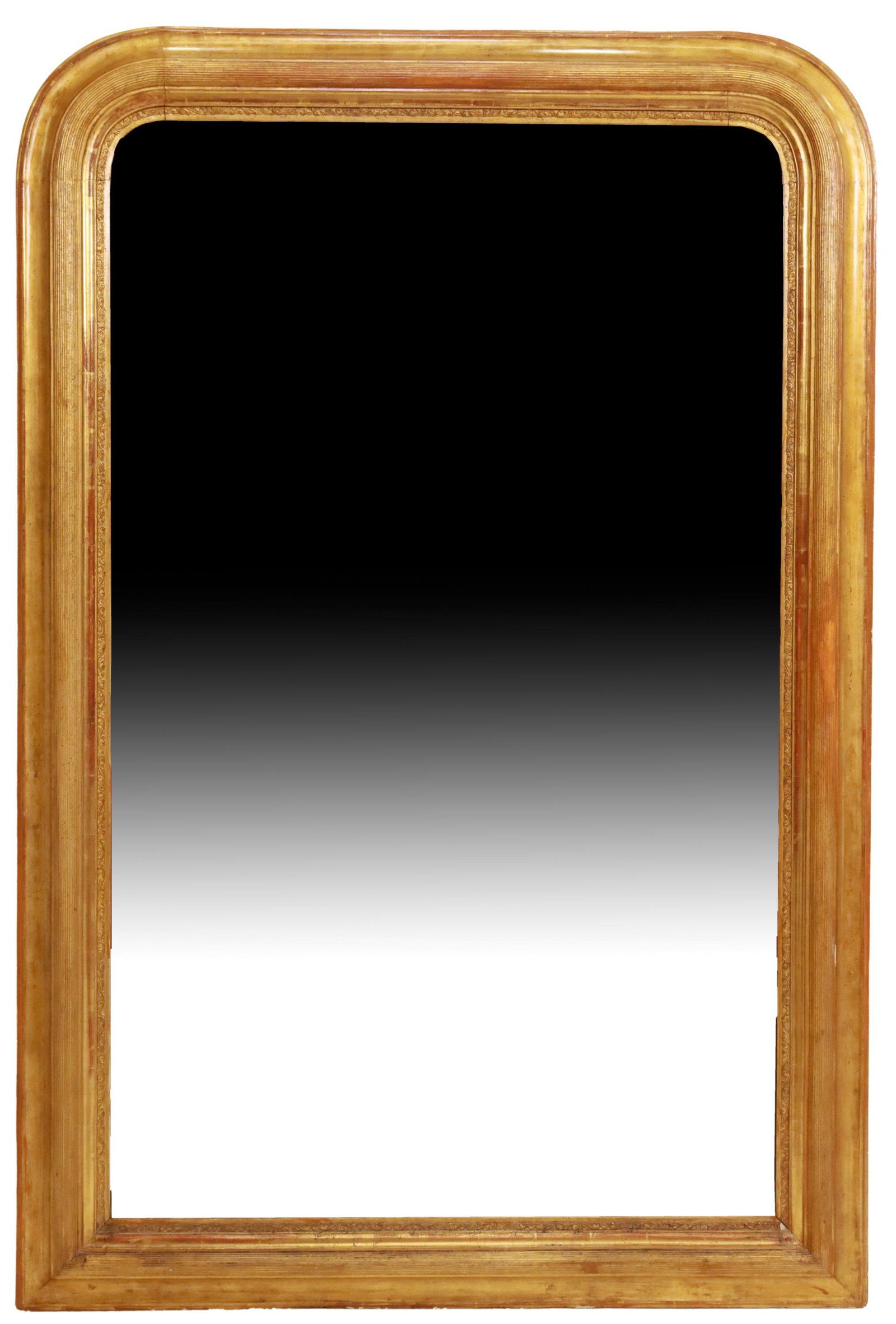 FRENCH LOUIS PHILIPPE PERIOD GILTWOOD MIRROR: French Louis Philippe period giltwood mirror, mid 19th c., having molded frame, scrolled foliate trim, encasing flat mirror plate, some later painted gilt touch ups, approx 72"h, 48"w, 118lbs Start Pr