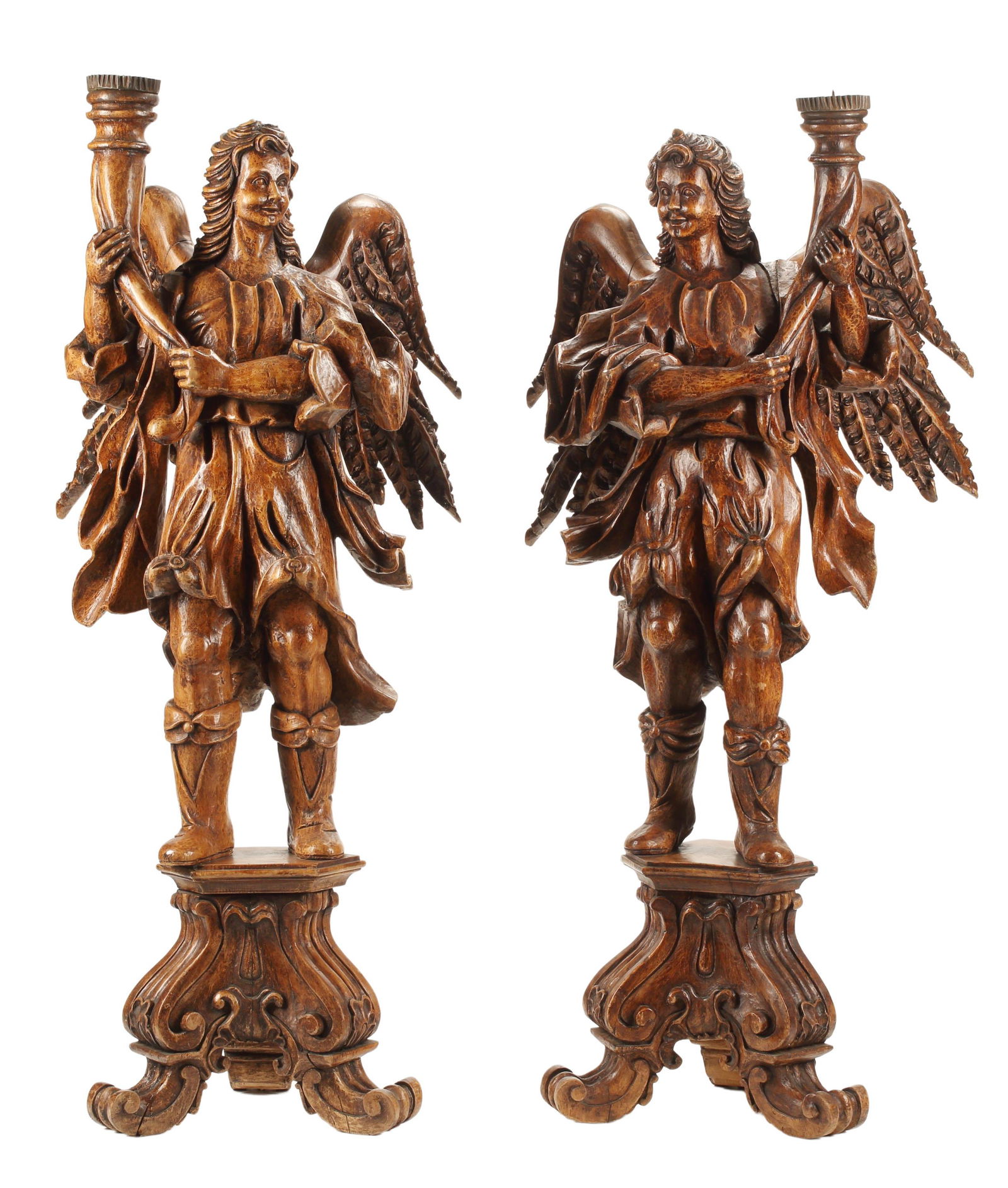 (2) MONUMENTAL CARVED WOOD ANGEL TORCHIERES, 72"H (1 of 6)
