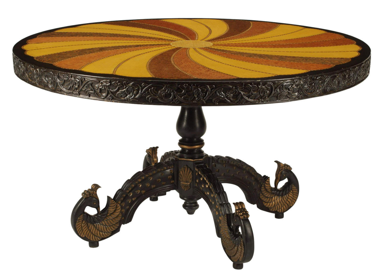 COLONIAL STYLE INLAID & PARCEL GILT CENTER TABLE: Colonial style inlaid and parcel gilt center table, India, approx 30.5"h, 54"diam Start Price: $600.00