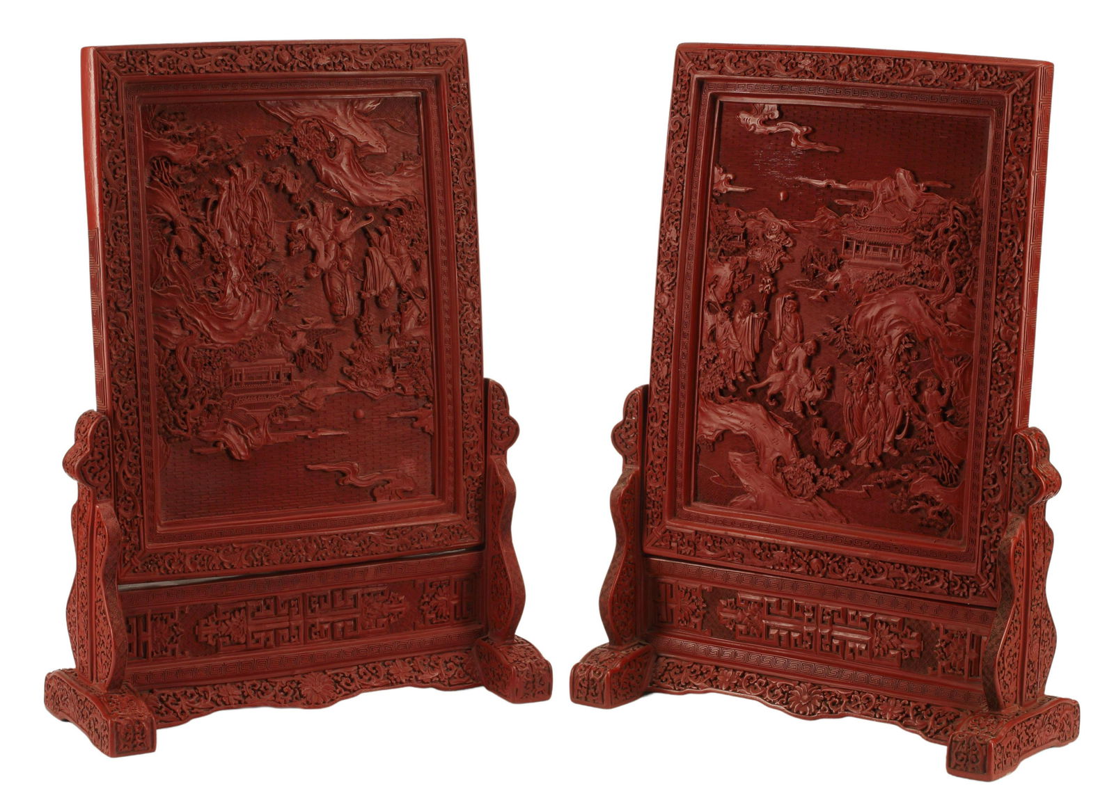 (2) CHINESE RED LACQUER TABLE SCREENS ON STANDS (1 of 3)