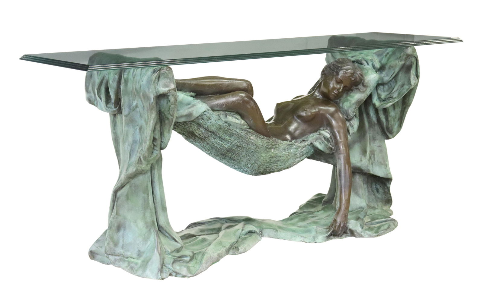 GLASS TOP BRONZE BASE RECLINING NUDE TABLE 68"W: Glass top bronze base console table, late 20th c., the sculptural base with a reclining nude female in hammock, after a work by Auguste Moreau (French, 1824-1917), the glass top: approx 1"h, 68"w, 20.