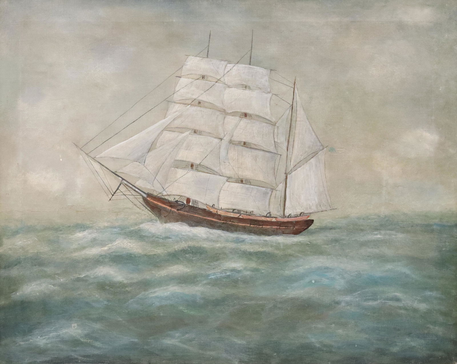 AMERICAN SCHOOL OIL PAINTING SHIP HAZARD SALEM MA (1 of 5)