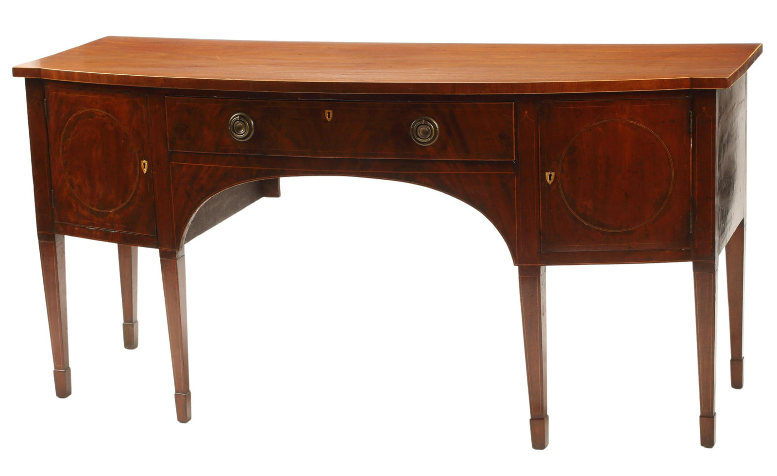 ENGLISH GEORGE III MAHOGANY SIDEBOARD: English George III inlaid mahogany sideboard, approx 37.5"h, 76"w, 29"d Start Price: $300.00