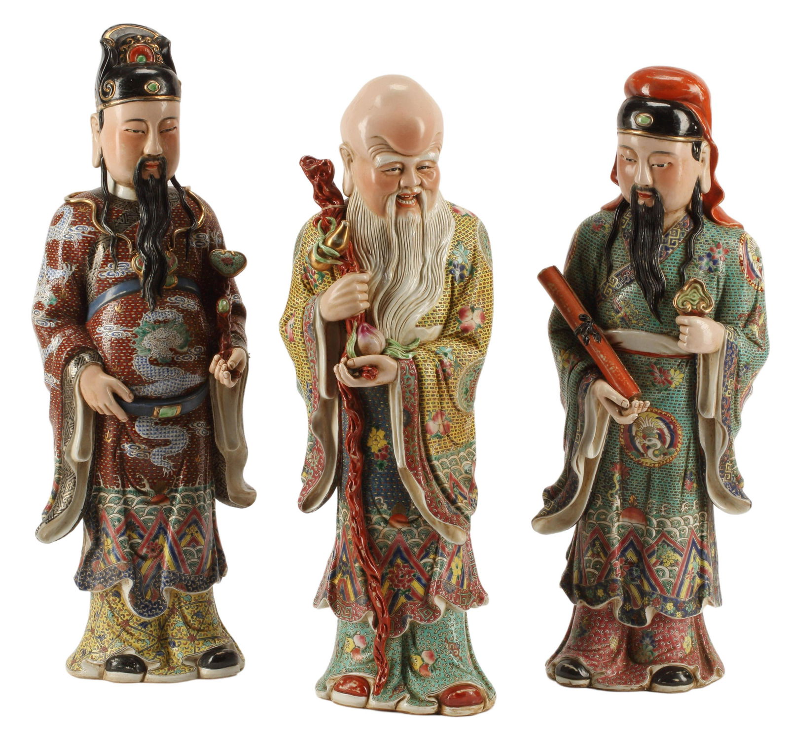 (3) CHINESE ENAMELED PORCELAIN SANXING DEITIES (1 of 4)