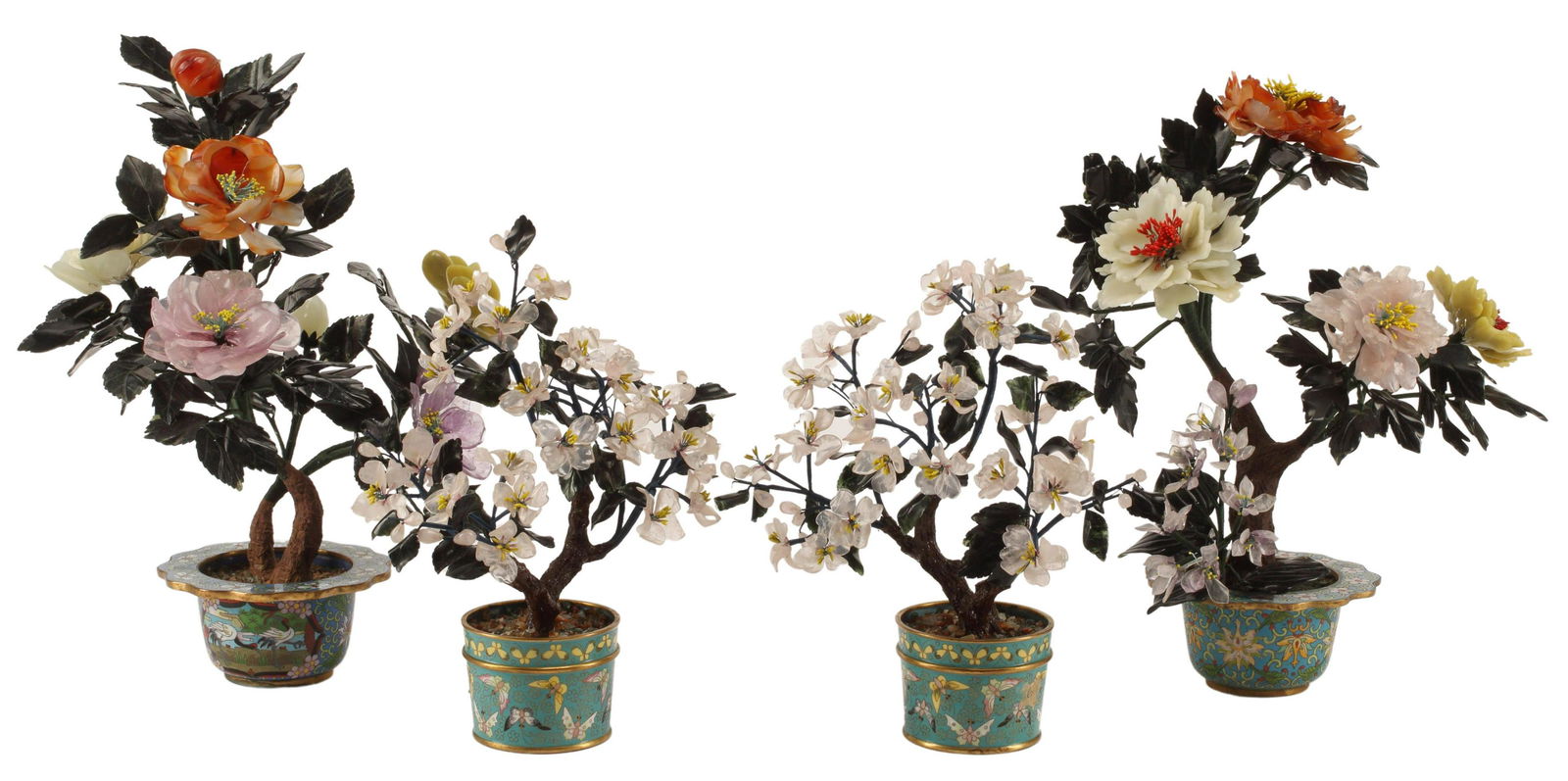 (4) CHINESE HARDSTONE TRESS IN CLOISONNE POTS (1 of 3)