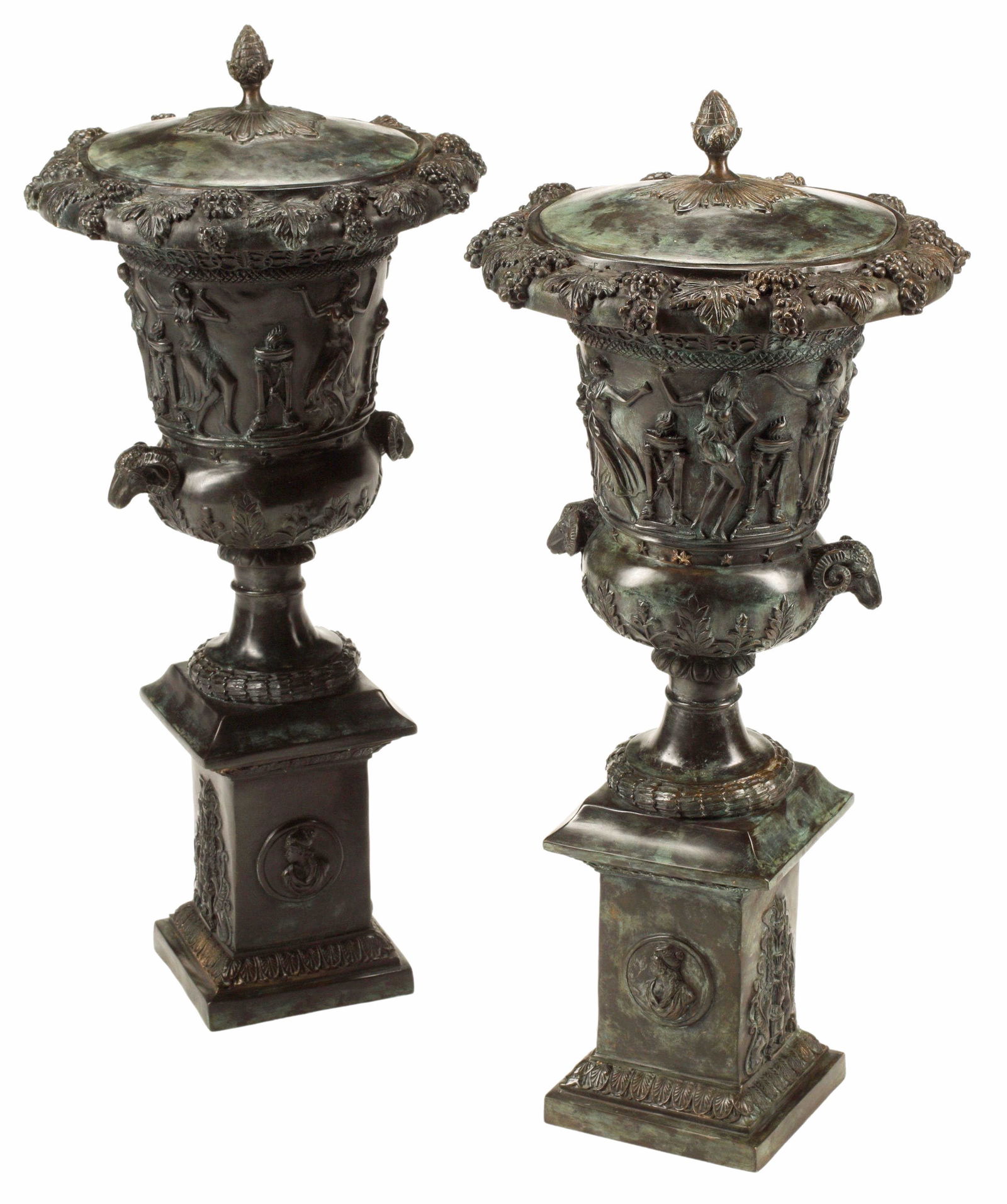 (2) POMPEIIAN STYLE PATINATED BRONZE URNS (1 of 4)