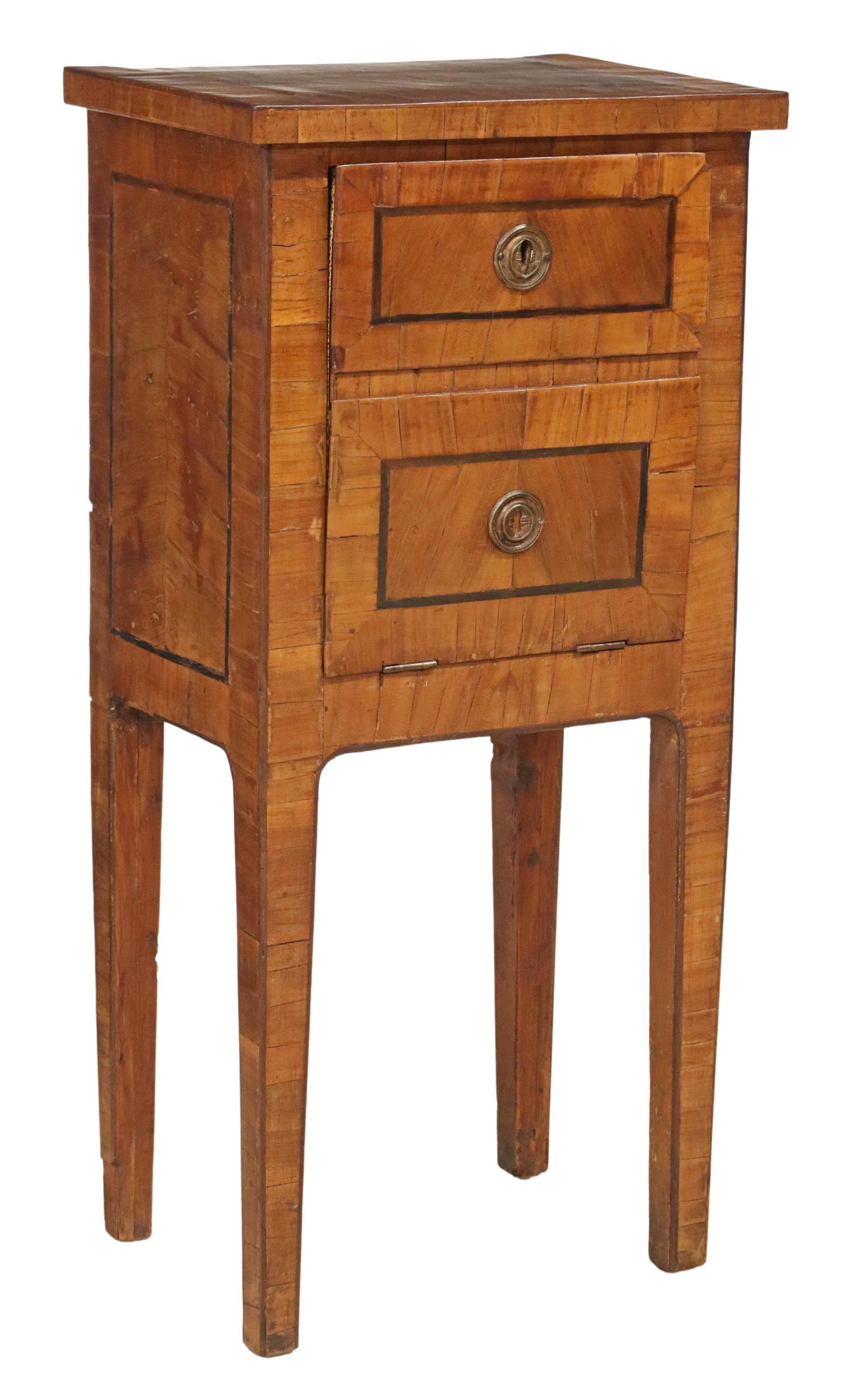 ITALIAN BANDED BURLWOOD BEDSIDE CABINET, 19TH C.: Italian burlwood nightstand, 19th c., banded case, fall front panel, open interior, rising on tapering square legs, door staying closed when locked, approx 32.75"h, 15.75"w, 11.25"d Start Price: $200.