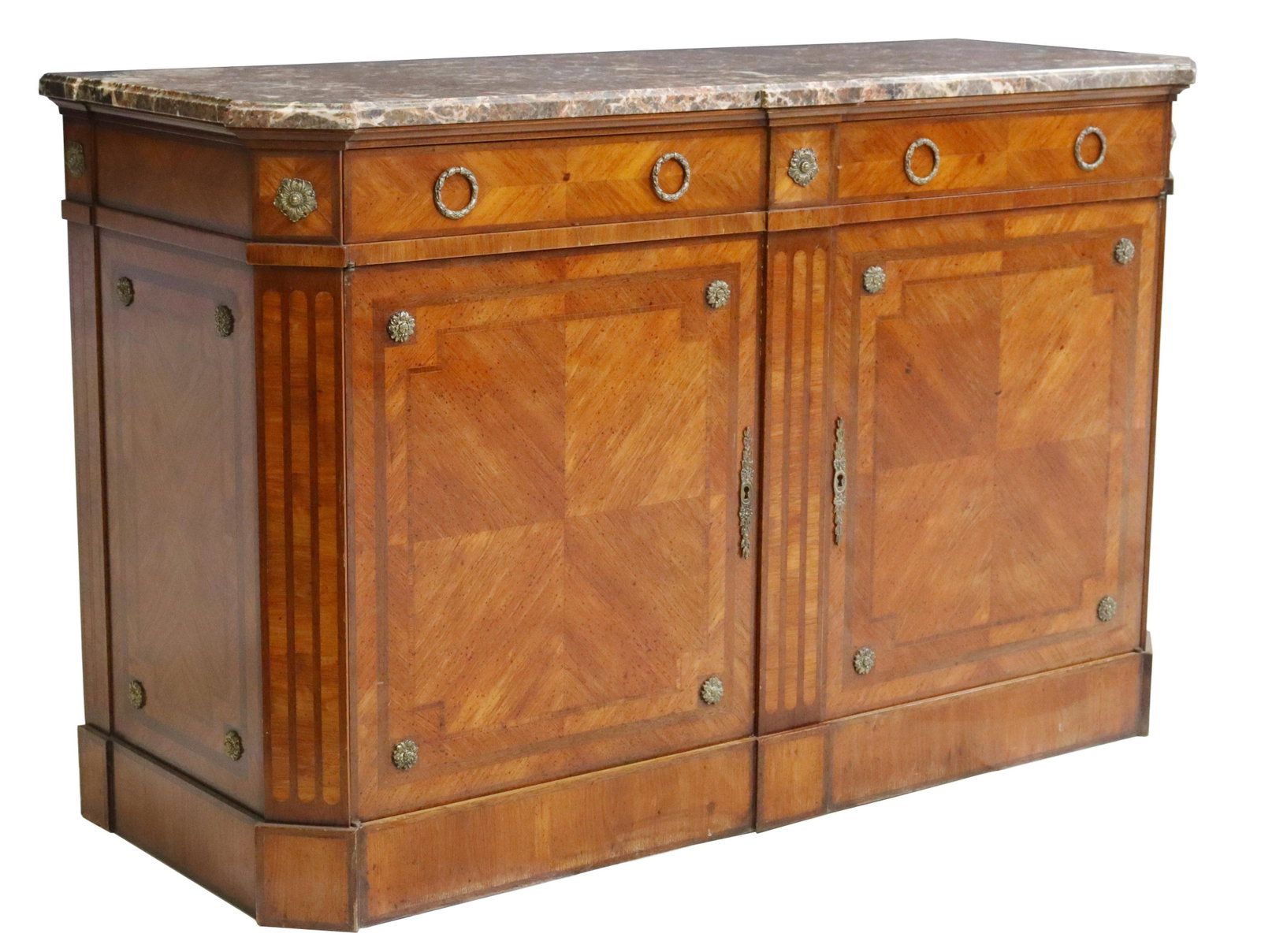 FRENCH LOUIS XVI STYLE MARBLE-TOP SIDEBOARD: French Louis XVI style marble-top sideboard, early 20th c., rectangular case with canted corners, fitted with two drawers, over two cabinet doors, interior shelf, rising on a conforming plinth base, c