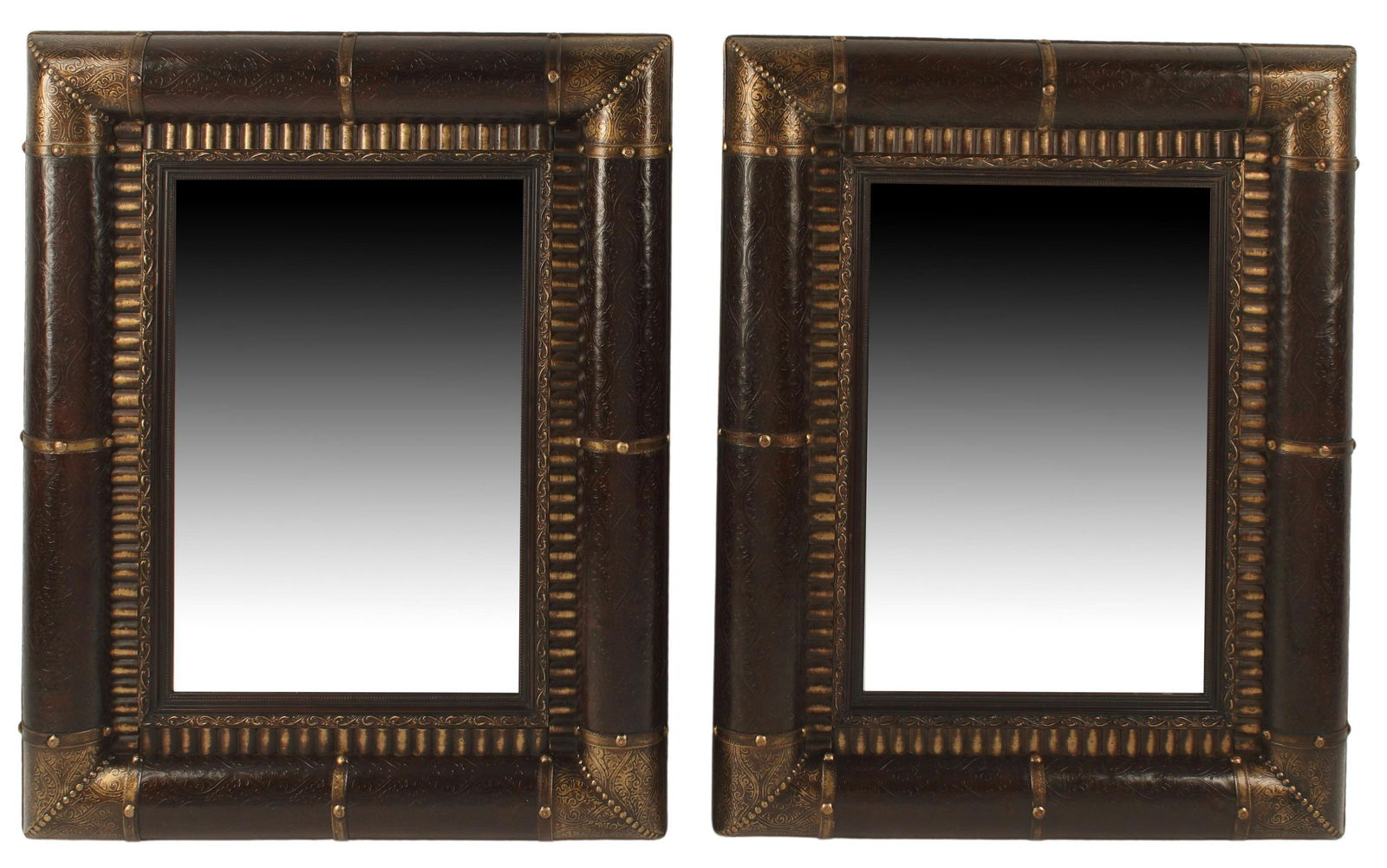 (2) PORTUGUESE STYLE EMBOSSED LEATHER MIRRORS (1 of 4)