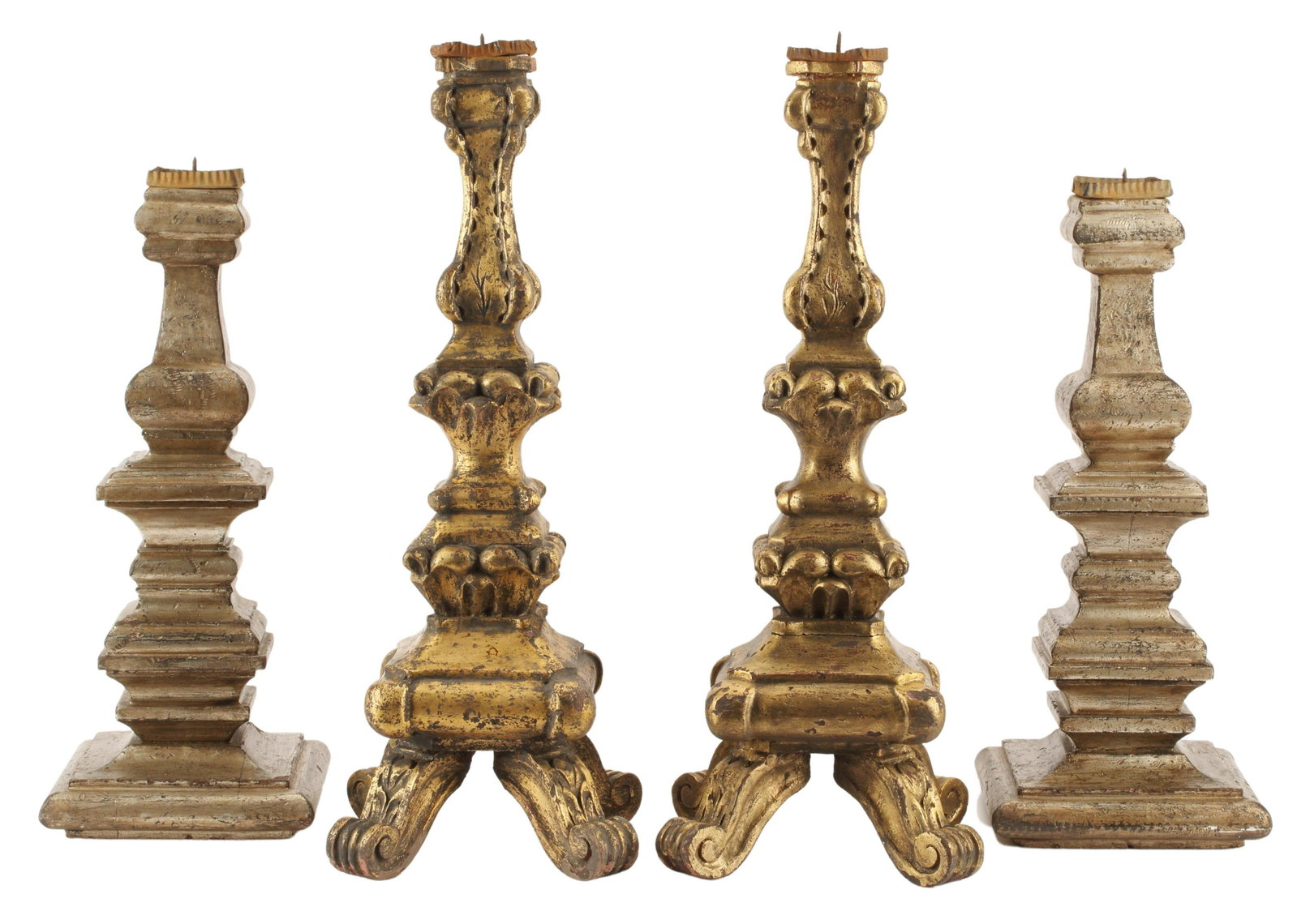 (4) RENAISSANCE STYLE GILTWOOD PRICKETS: (lot of 4) Renaissance style carved and gilded wood prickets, two pairs, largest: approx 27"h, 10"w, 10"d Start Price: $200.00