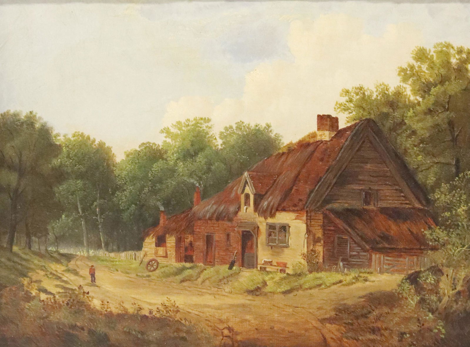 AFTER WILLIAM FREDERICK WITHERINGTON OIL PAINTING: Framed oil on canvas painting, Cottage, after William Frederick Witherington (English, 1785-1865), sight: approx 11.5"h, 15.5"w, overall: 17.5"h, 21.5"w, 5.25lbs Start Price: $100.00