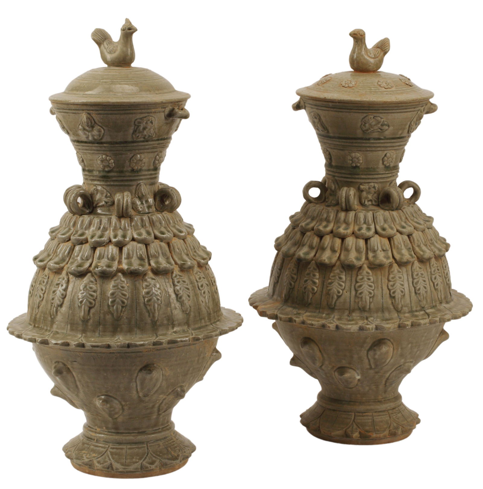 (2) LARGE CELADON CERAMIC LIDDED VASES (1 of 4)