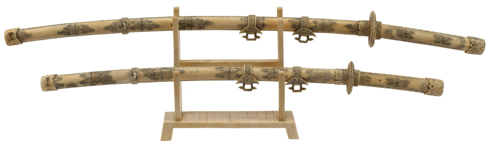 (2) JAPANESE CARVED BONE SWORDS ON STANDS: (lot of 2) Japanese carved bone swords on stands, approx 11.5"h, 40"l, 5"w, 9.25lbs total Start Price: $150.00