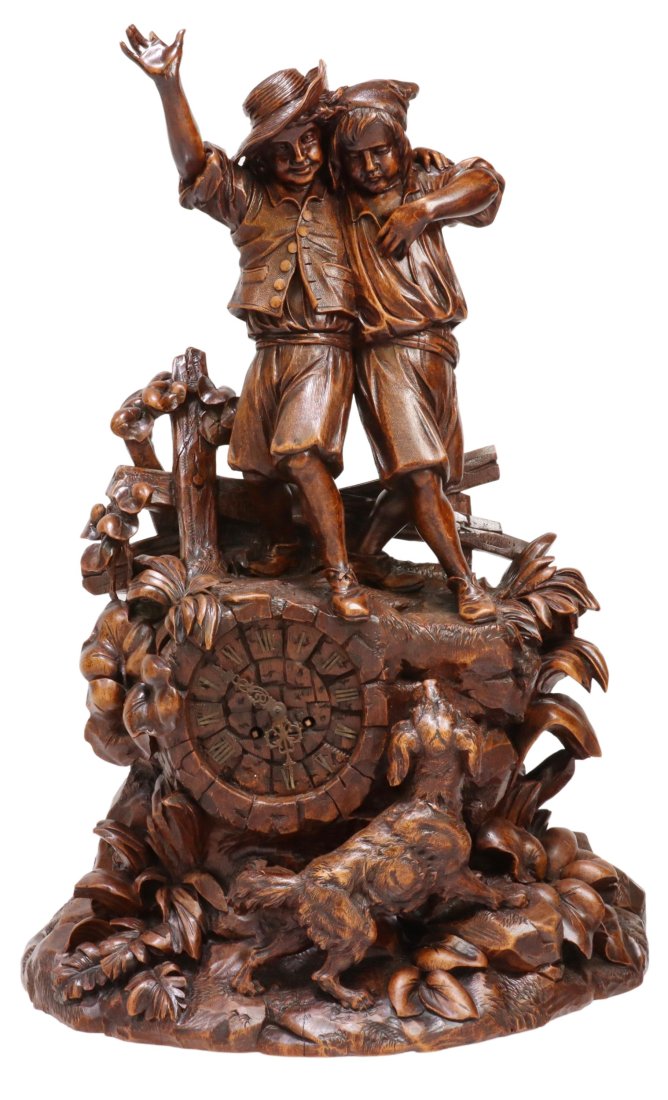 LARGE BLACK FOREST FIGURAL MANTEL CLOCK, 26.25"H (1 of 6)