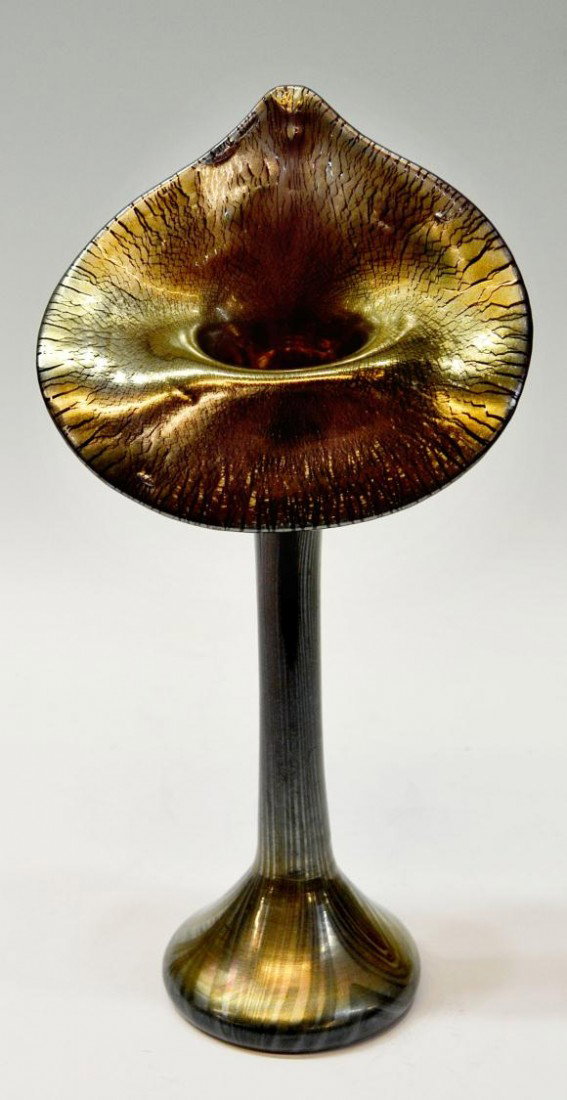 ART GLASS IRIDESCENT JACK IN THE PULPIT VASE, 13"H: Art glass Jack in the Pulpit vase, iridescent silver finish with contrasting stripe decoration on amethyst ground, unpolished pontil marks, unsigned, 13.5"h, 6.5"w, 4"d, 1.25lbs Start Price: $100.00