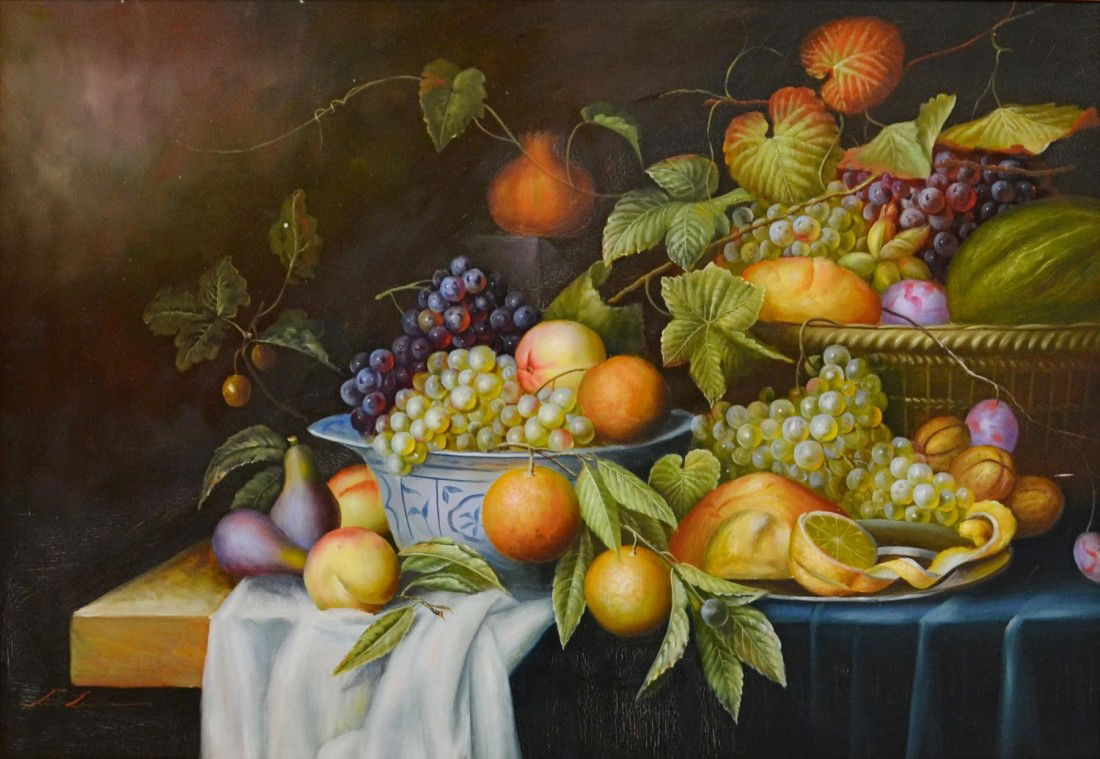 LARGE OIL PAINTING ON CANVAS, STILL LIFE FRUIT: Large decorative oil painting on canvas, a still life depicting an overflowing fruit bowl, in a heavy gilt and black frame, sight: 23"h, 35.25"w, overall: 34.5"h, 46"w, 19lbs Start Price: $150.00