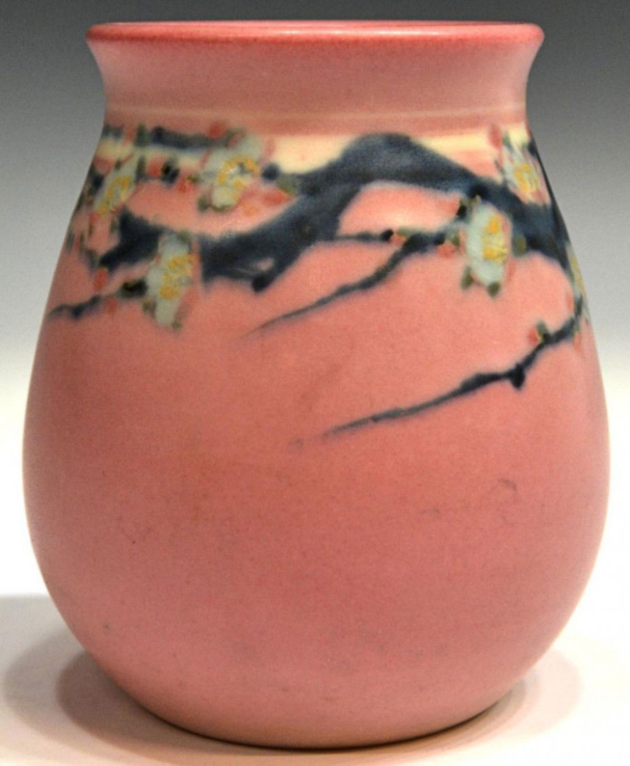 ROOKWOOD VELLUM VASE, E.T. HURLEY, CHERRY BLOSSOMS: Rookwood decorated vase dated 1923, shape #63, pink vellum finish with cherry blossoms and tree branches, impressed marks: Rookwood flame, date, shape, V, mark of E.T. Hurley, Rookwood decorator 1896-
