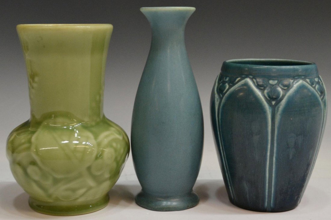 (3) GROUP OF ROOKWOOD VASES: (lot of 3) Rookwood vases, each stamped with logo: (1) dark blue dated 1927, vase #2090, 4.5"; (1) light green dated 1946, vase #6363, 5.5"h; (1) blue matte finish dated 1946, vase # 357F, 6.25"h, tot