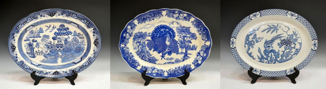 GROUP OF LARGE BLUE & WHITE PORCELAIN PLATTERS: (lot of 3) Collection of large transfer decorated blue and white porcelain service platters: (1) Blue Willow pattern, Japan, 18.25l, 14"w; (1) turkey platter, Japan, 18"l, 14"w; (1) English platter of