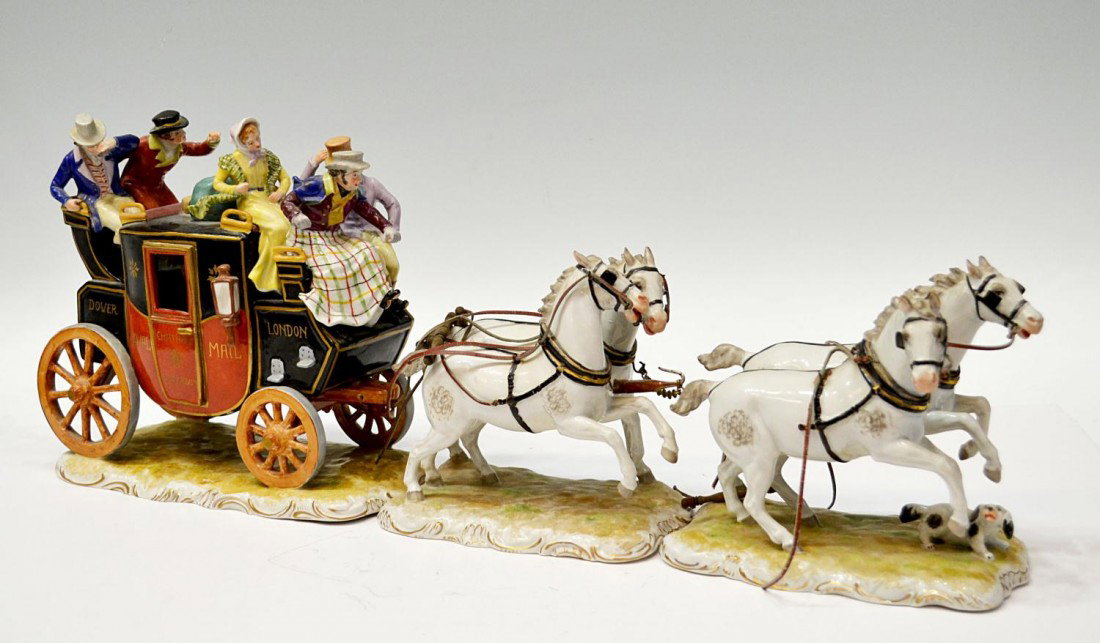 GERMAN PORCELAIN FIGURAL HORSE DRAWN COACH: Porcelain figural group, London to Dover Royal Mail Coach, Saxonian Porcelain Factory, Carl Thieme, Dresden, 20th c., a coach drawn by four horses with driver and four passengers on top, two passenger
