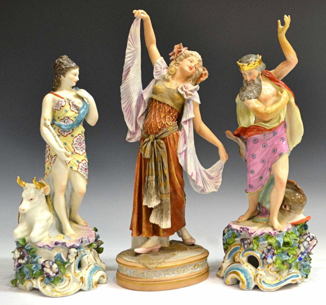 (3) PORCELAIN FIGURES, ROYAL DUX: (lot of 3) Porcelain figurines: (1) dancing female in 18th century dress, Royal Dux mark in pink and raised impressed number 372, 14.5"h, 6"w, 4"d; (2) porcelains bearing a pseudo Chelsea gold anchor 