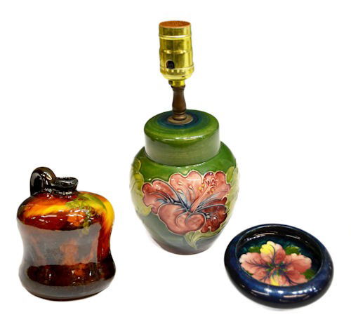 (3) POTTERY: WELLER AURELIAN, MOORCROFT LAMP: (lot of 3) Art Pottery: (1) Weller Aurelian floral decorated jug, round mark "Aurelian Weller", 5.75"h, 5"d; (1) Moorcroft table lamp, floral decoration on a green ground, 9.5"h, 5"d;, (1) Moorcroft f