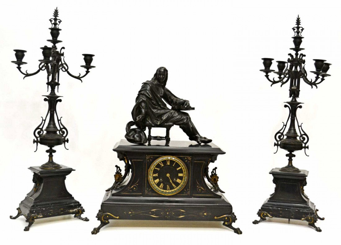 ANTIQUE FRENCH GARNITURE CLOCK SET: (lot of 3) French Louis XV style marble garniture, c. 1890, the set composed of a clock surmounted by a bronze seated scholarly figure holding a book, the case accented with foliate and figural metal 