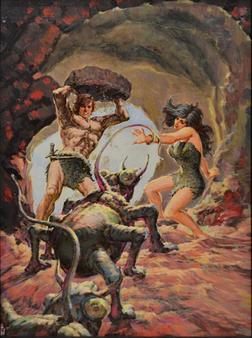 ORIGINAL COMIC ART PAINTING, JESSEE SANTOS b. 1928: Framed oil painting on masonite, Fantasy Cave Man Art, signed middle right, Jesse Santos (Jesse F. Santos, Philippines, California, b.1928), sight: 23.25"h, 17.5"w, overall: 25"h, 19"w, 2.5lbs Start P