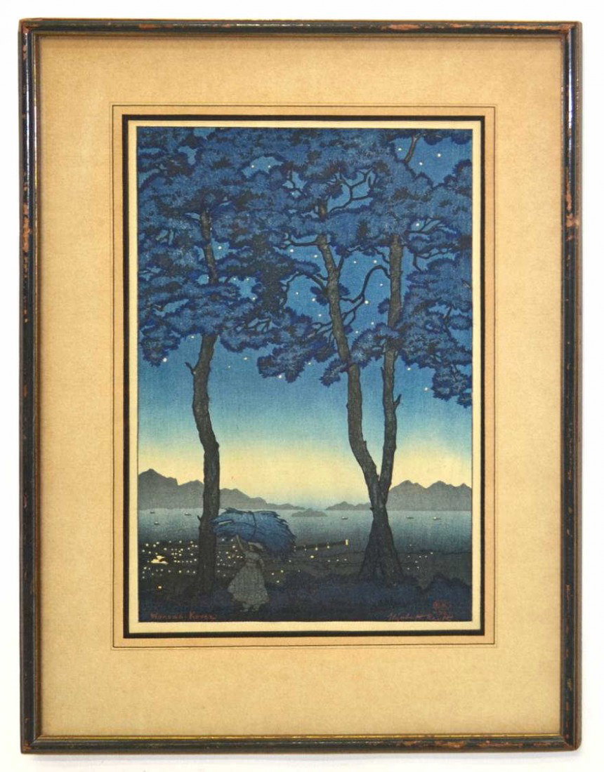 WOODBLOCK PRINT, WONSAN KOREA, ELIZABETH KEITH: Framed woodblock print, "Wonsan Korea", by Elizabeth Keith (British, 1887-1956), signed lower right, seal, dated 1921, in a worn frame, sight: 14.75"h, 9.25"w, overall: 22.75"h, 15.5"w, 3lbs Start Pri