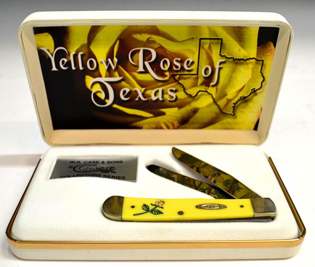 CASE XX YELLOW ROSE OF TEXAS COMMEMORATIVE KNIFE: Case XX Yellow Rose of Texas commemorative knife, #085, two blades, new in original presentation box with sleeve, 3.5"blades, box: 1.25"h, 7.25"w, 4.5"d, 1lb Start Price: $50.00