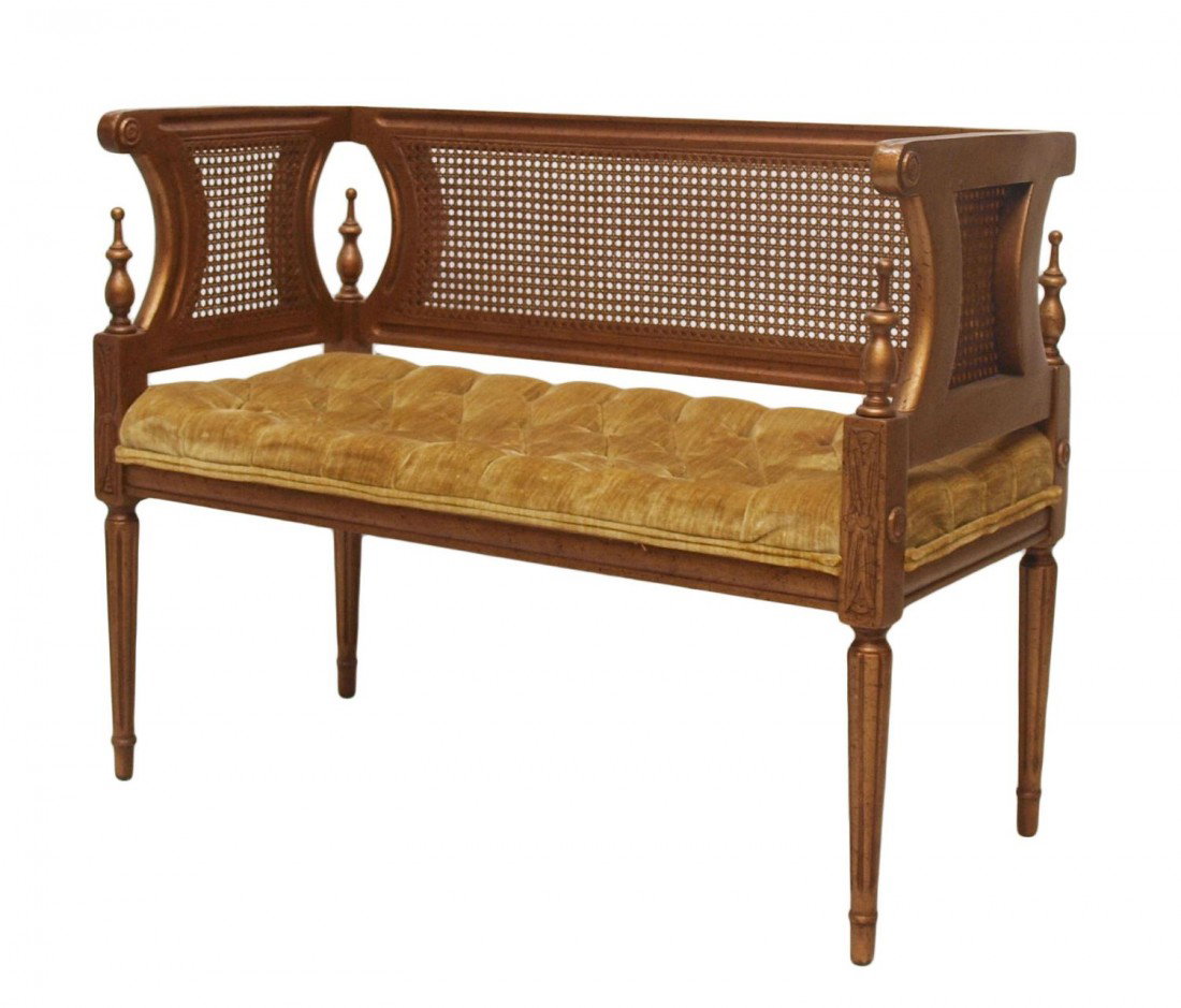 LOUIS XVI STYLE GILT & CANE SETTEE: Louis XVI settee having gilt frame, cane back and sides, buttoned seat cushion, rising on tapered ribbed legs, 30.25"h, 38.5"w, 18"d Start Price: $80.00
