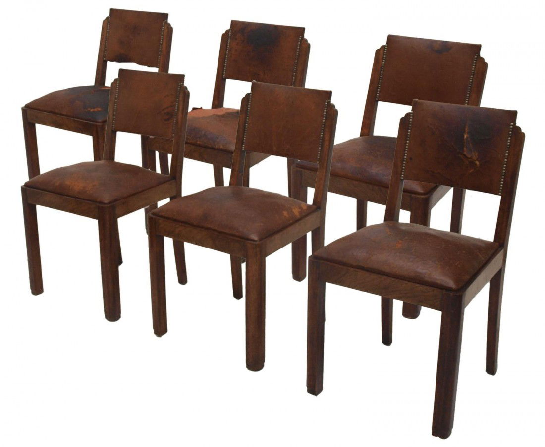 (6) FRENCH ART DECO DINING CHAIRS, LEATHER: (lot of 6) French Art Deco walnut framed dining side chairs, c. 1930, each with leather upholstery on back and removable seat cushion, several torn, 33"h, 18"w, 17.5"d Start Price: $100.00