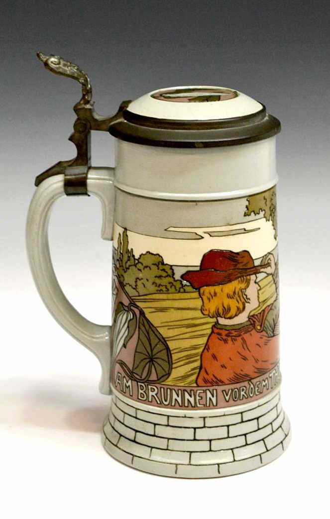 METTLACH BEER STEIN, #2833A, BRICK BASE SERIES: Mettlach Beer stein, form number 2833A, Germany, 1903, brick base series, a man in a red windblown cloak stands before a tree and castle, 1/2 liter size, 8.5"h, 5'w, 4."d, 2.25lbs Start Price: $100.00