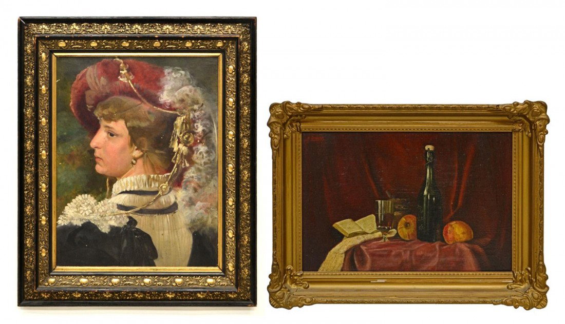 (2) PAINTINGS, LADY & RED HAT, FRUIT & WINE: (lot of 2) Framed paintings on canvas, each 19th c., including: (1) canvas over board, Lady with Red Hat, unsigned, 20"h, 15"w, overall: 28"h, 24"w; (1) Still Life Fruit and Wine Bottle, signed, dated